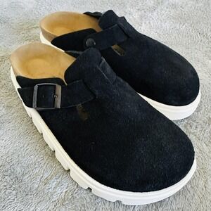 Birkenstock Papillio Boston Chunky Lug Clogs Black Suede Narrow Womens 6